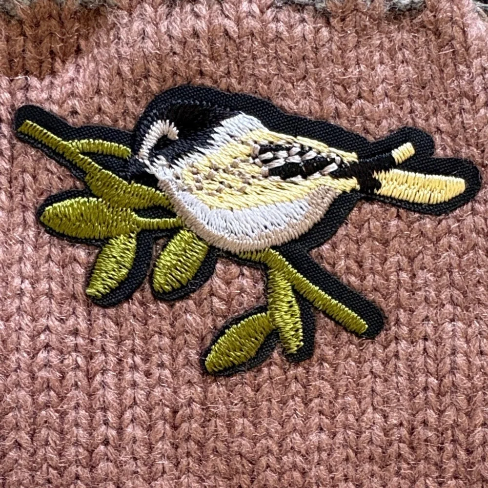 New! Handmade Bird Embroidered Fingerless Gloves in Dusty Rose and Gray